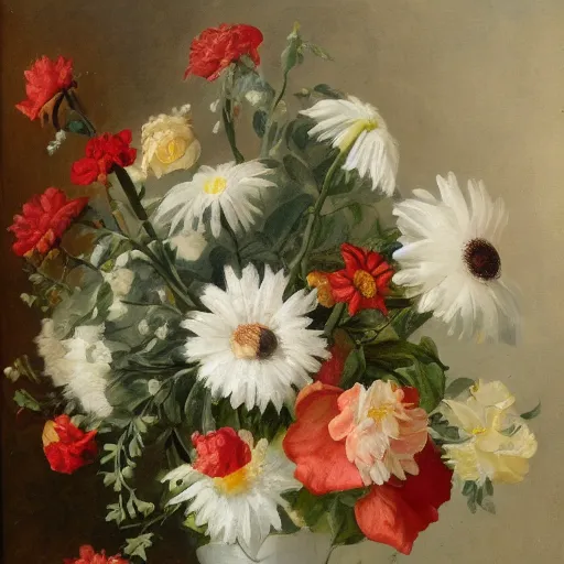 Image similar to a still life of a vase of flowers with a mix of roses daisies and lilies.