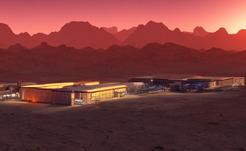 Image similar to a beautiful photo of a sci - fi scientific industrial facility localized in a desert, mountains in the background, patches of yellowish - red - magenta sky, sunset lighting, detailed, hazy, volumetric lighting, god rays, 8 k, cinematic