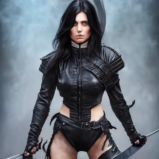 Image similar to an action photo of a black haired woman in a black leather jacket in a swordfight, muscular upper body, abs, d & d, fantasy, intricate, elegant, highly detailed, digital painting, artstation, concept art, smooth, sharp focus, illustration, art by artgerm and greg rutkowski and alphonse mucha