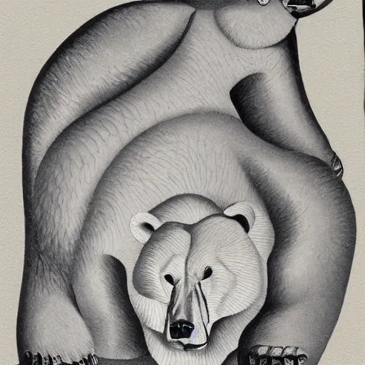 Image similar to carving of a polar bear, mashup between mc escher and vincent van gogh