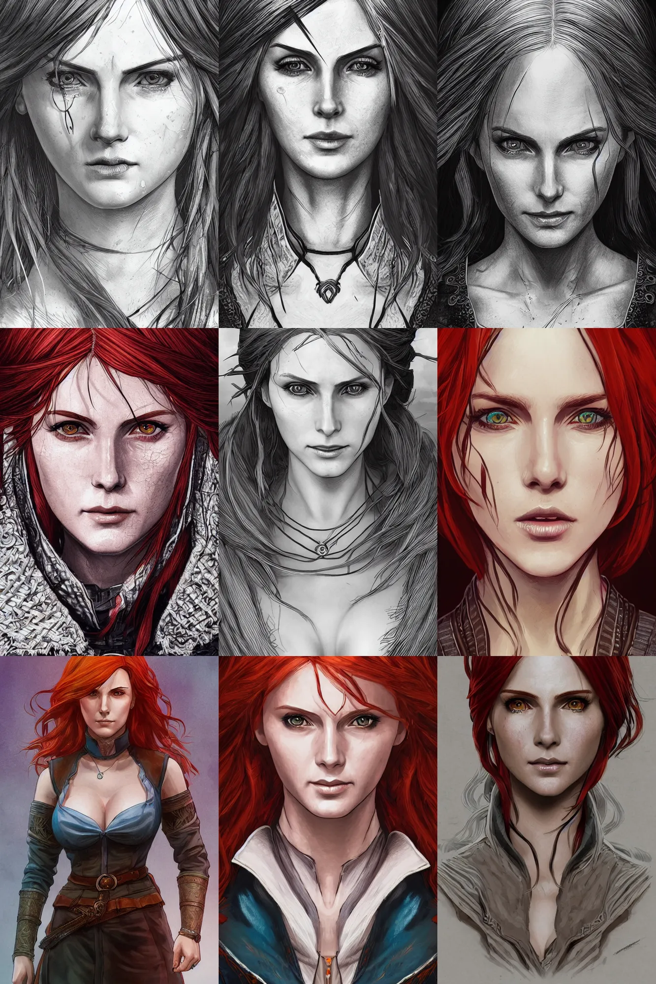 Prompt: alluring highly detailed manga line art portrait of Triss from the Witcher 3, very detailed, realistic, colorful, Greg rutkowski, Trending artstation, cinematográfica, digital Art
