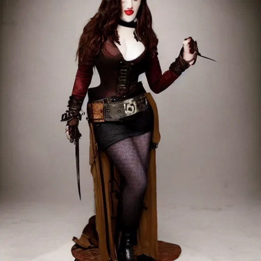 Image similar to full body photo of kat dennings as a steampunk vampire warrior