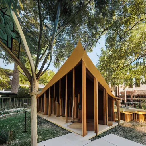 Prompt: Modern sukkah designed by Frank Lloyd Wright, sukkot, architectural detail, DSLR photography