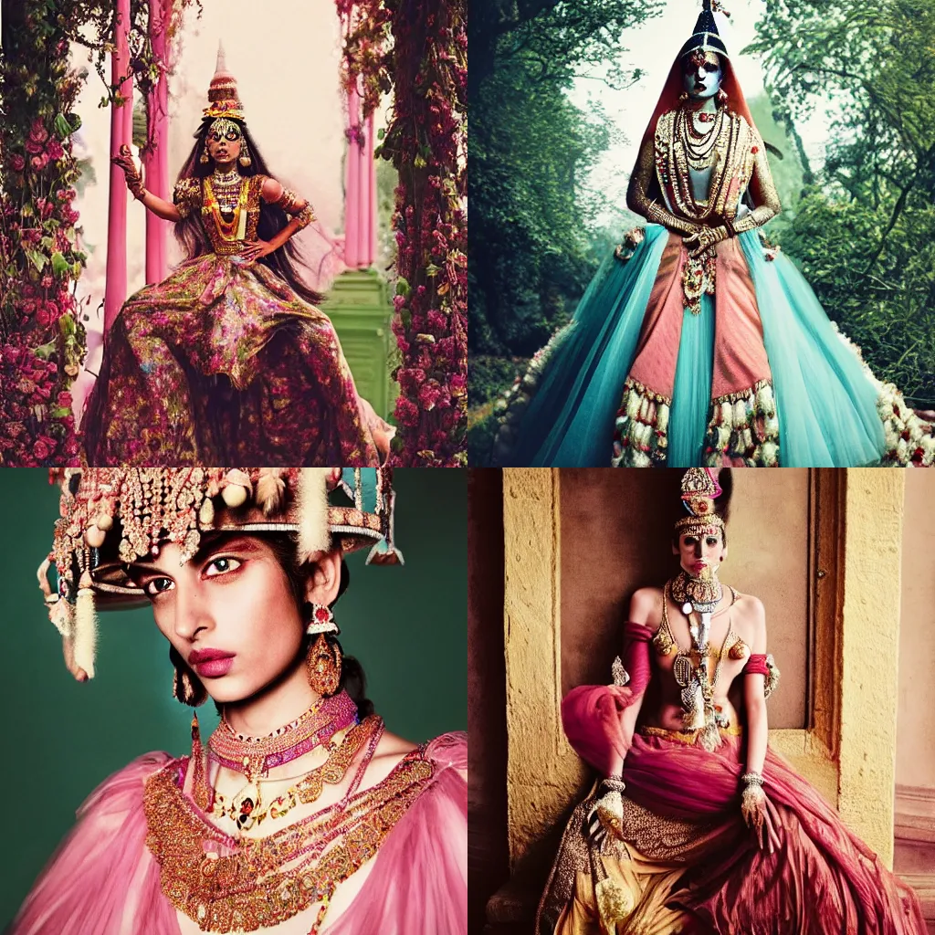 Prompt: fashion photograph of an Indian princess, by Tim Walker, for Vogue, masterpiece, detailed, dynamic, cinematic composition, beautiful lighting, rococo color scheme, epic art direction, colossal detailed set design, trending on VSCO, top on Flickr, 8K, award winning, no frames,