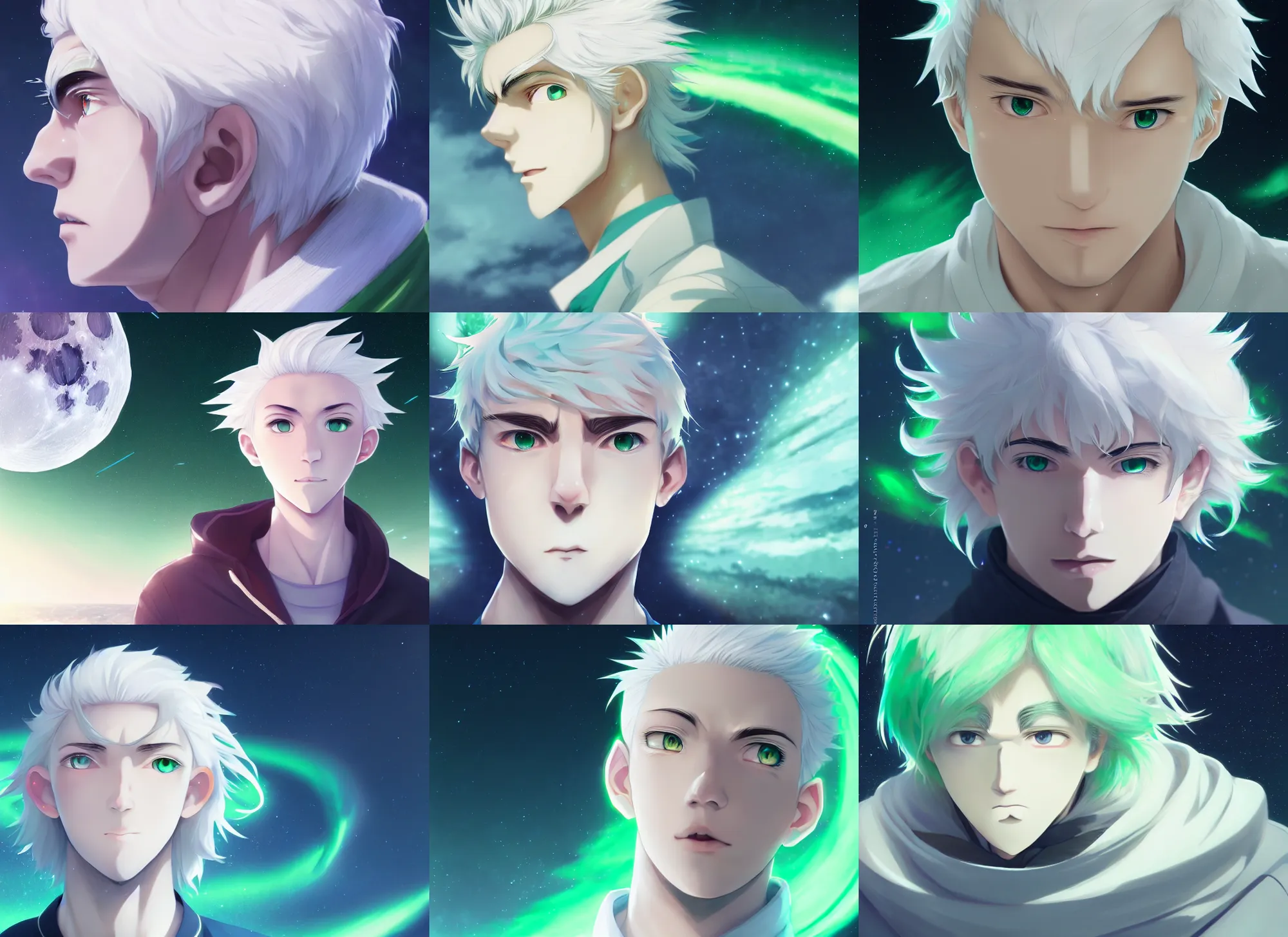 Prompt: white haired young guy with wide green eyes on the moon, aurora, cute nose, stunning anime face portrait, trending anime art, high symmetry, close look, octane engine, makoto shinkai, genshin impact, hyper detailed, close shot, light blur