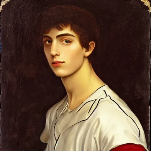 Image similar to a handsome Spanish teenage boy with dark hair and blue eyes, sharp jawline with a light beard, done in the style of a renaissance royal portrait