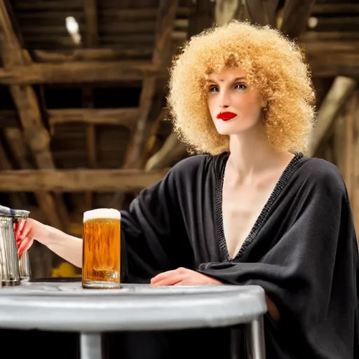 Prompt: a woman sitting at a table covered in empty beer mugs, a beautiful english woman with a long face narrow nose pale skin blue eyes red lips and wild messy tangles of curly white blonde hair, high resolution film still wearing a black robe drinking at a table, sandy, a journey to the west