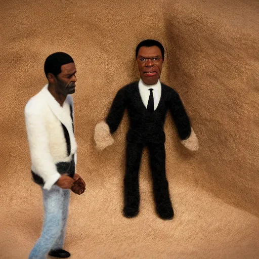 Image similar to needle felted scene featuring john travolta and samuel l jackson in pulp fiction, highly detailed, tilt shift, atmospheric, hyperrealism, highly textured, god rays, action