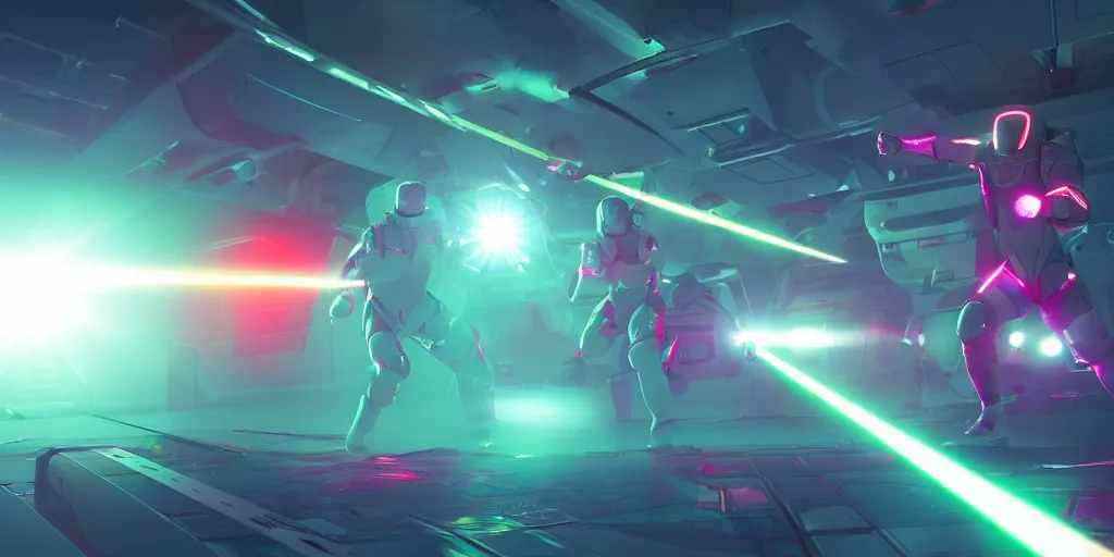 Image similar to futuristic spacemen firing lasers in zero gravity, skintight suits, floating, floating polygon shapes as obstacles, surrounded by a laser grid, unreal engine, lensflare, glow, bloom, neon