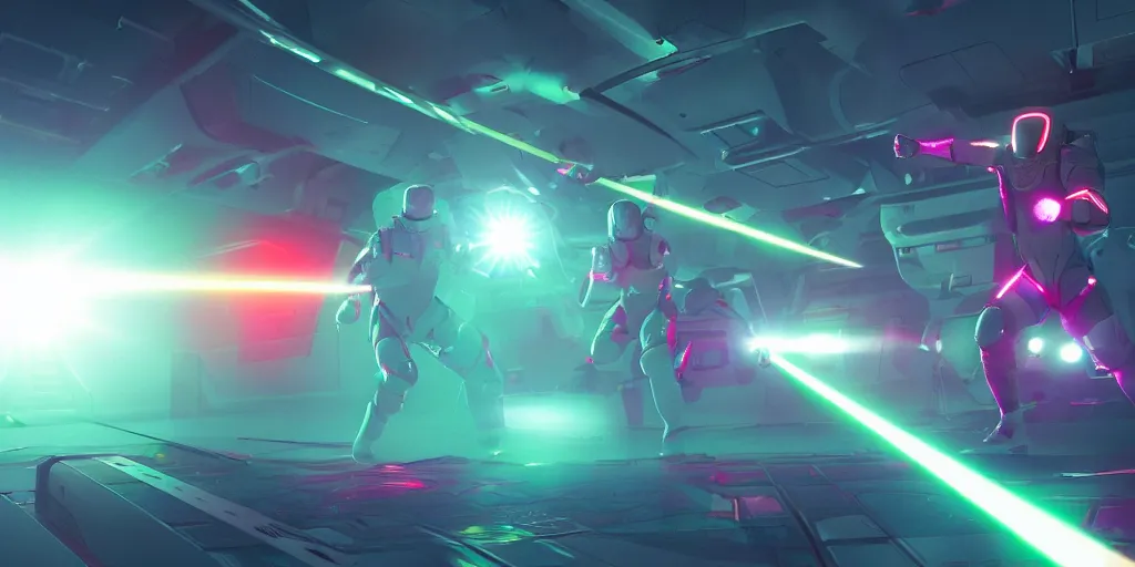 Prompt: futuristic spacemen firing lasers in zero gravity, skintight suits, floating, floating polygon shapes as obstacles, surrounded by a laser grid, unreal engine, lensflare, glow, bloom, neon