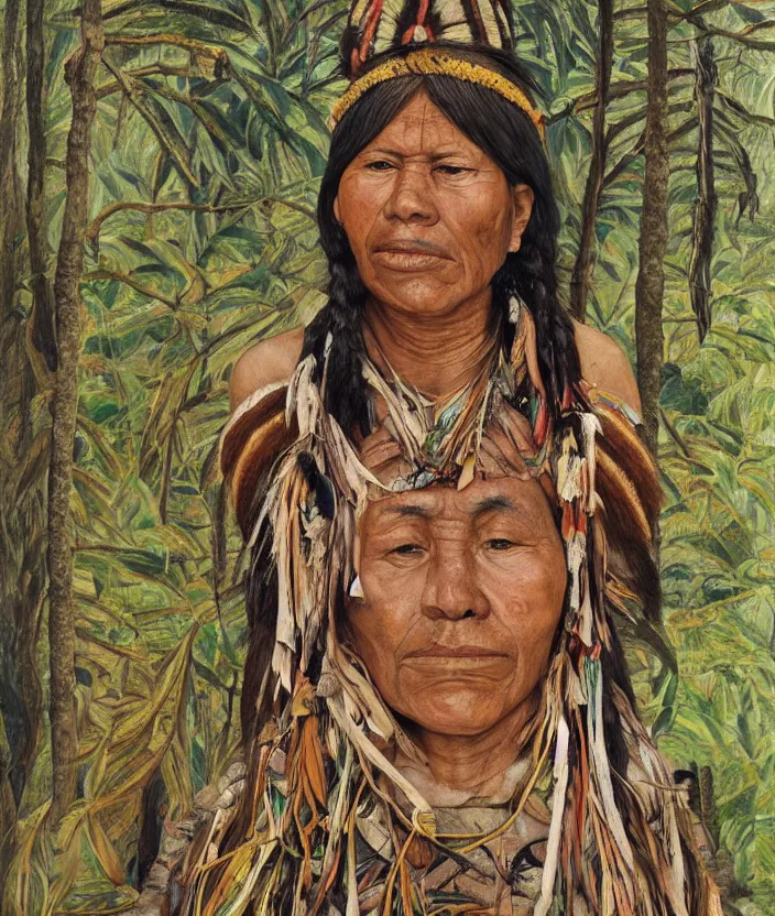Prompt: full body shot picture of indigenous people woman leader in forest, painted by lucian freud, hd, super detailed, realistic, muted colors