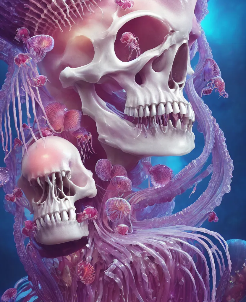 Image similar to goddess close - up portrait human skeleton, ram skull, jellyfish, orchid, betta fish, bioluminiscent, intricate artwork by tooth wu and wlop and beeple. octane render, trending on artstation, greg rutkowski very coherent symmetrical artwork. cinematic, hyper realism, high detail, octane render, 8 k