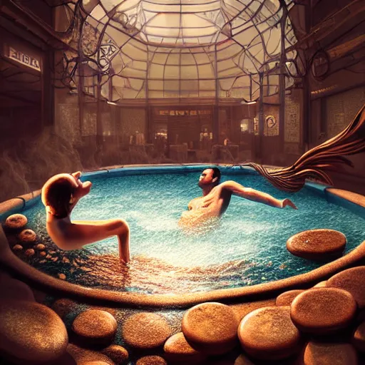 Prompt: an intricate concept illustration of a man swimming inside a hot coffee pool , surreal, fantasy, highly detailed, cinematic lighting, Artstation, concept art, hyper realistic, cgsociety