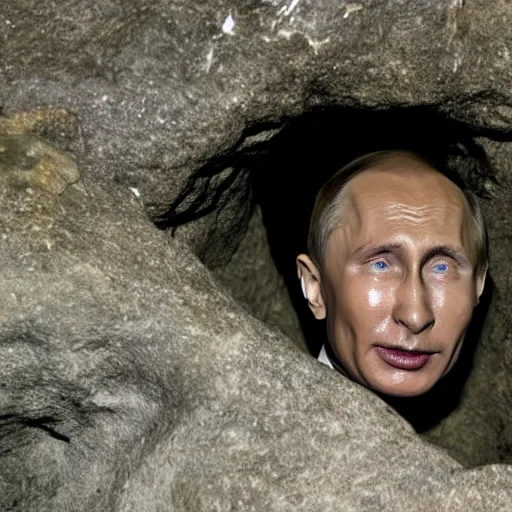 Image similar to photo inside a cavern of a wet reptilian humanoid rapper putin partially hidden behind a rock, with black eyes, open mouth and big teeth