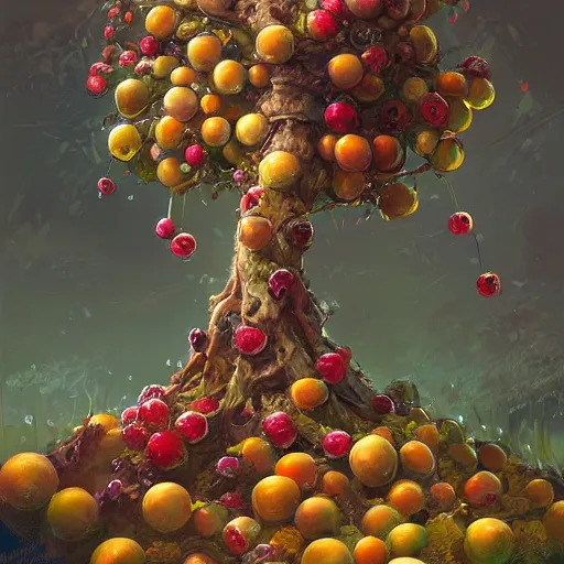 Prompt: tree made of fruits, by wlop, rossdraws, james jean, andrei riabovitchev, marc simonetti, yoshitaka amano, artstation, cgsociety