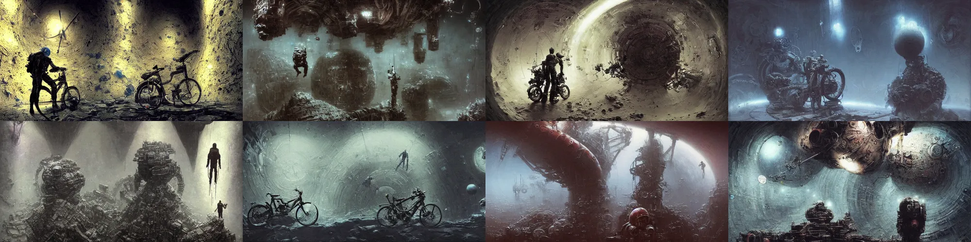 Prompt: soviet cosmonavt on old broke bike in the dirty cave, moscow metro, space travel, art by beksinski and stephan martiniere, fatal, singularity, cold, claustrophobia, steamcore, closely, japan poster, fear