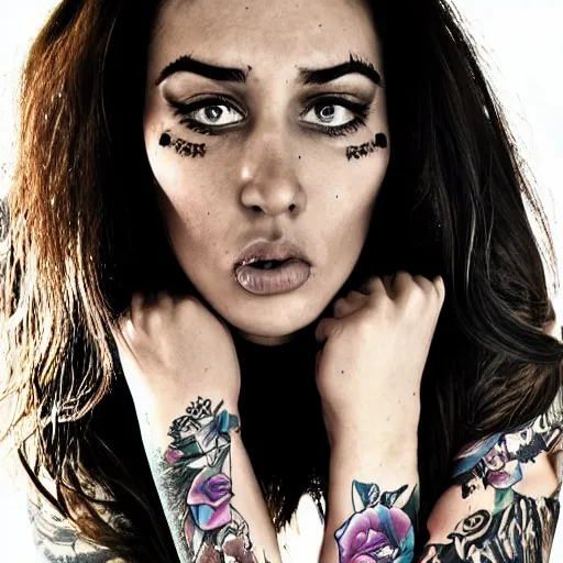 Prompt: big girl, long hair, tattooed face, photo