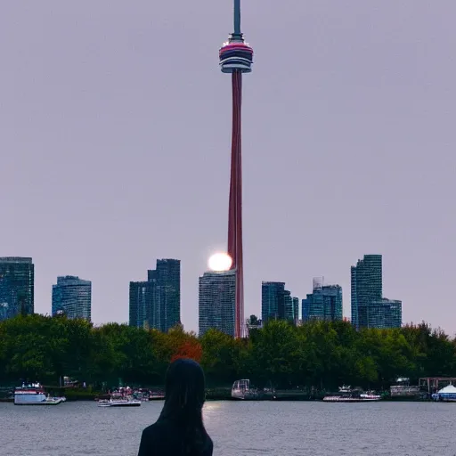 Image similar to Toronto tourist guide with planet mars as a head impaled on Toronto space needle, dramatic cinematic lighting