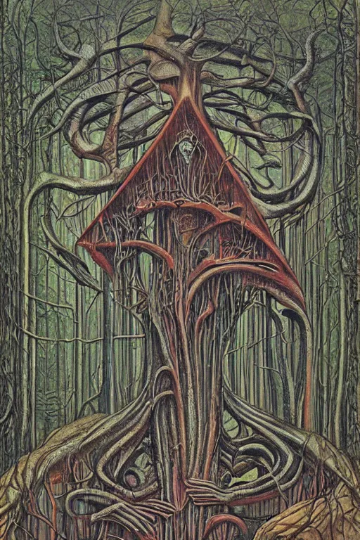 Prompt: a house in the forest by h. r. giger, painterly, alex grey, moebius