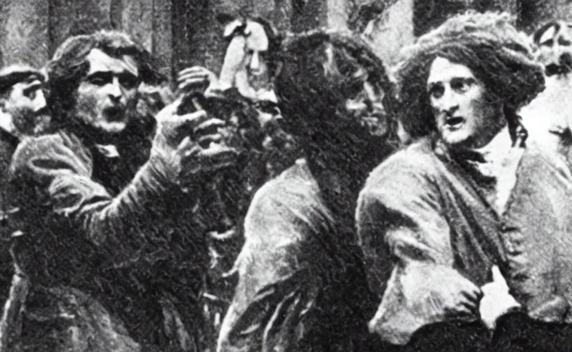 Image similar to a close - up old black and white photo, 1 9 1 3, depicting isaac newton wearing a big wig fighting gottfried leibnitz wearing a big wig in the streets of paris, rule of thirds, historical record