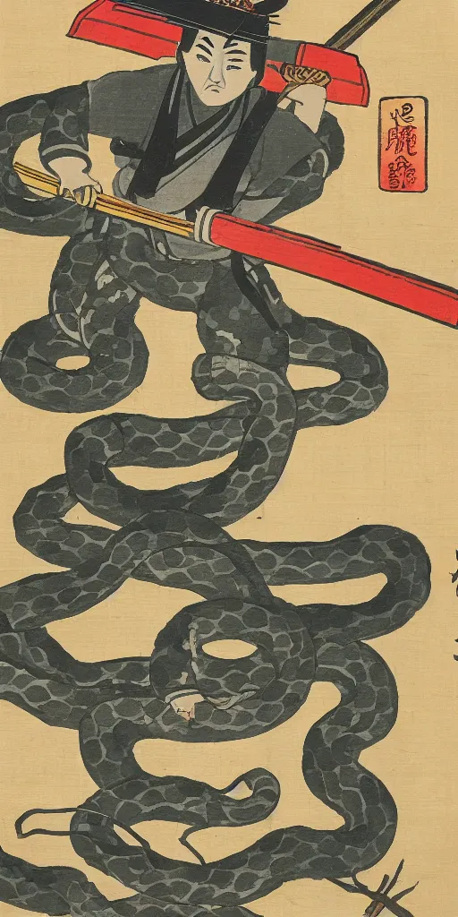 Image similar to japanese woodblock style painting of a samurai with a snake head