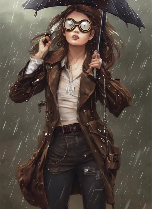 Image similar to girl, steampunk, goggles, pilot, standing in the rain with an umbrella, wet, raindrops, portait, made by stanley artgerm lau, wlop, rossdraws, james jean, andrei riabovitchev, marc simonetti, yoshitaka amano, artstation