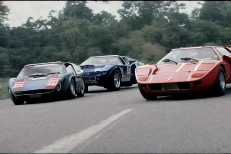 Prompt: 1965 GT40, F40, De Tomaso, Lotus, BMW M1, Pantera ((Countach)), movie still, speed, cinematic Eastman 5384 film