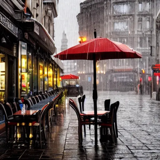 Image similar to sitting alone in a cafe in a rainy victorian city, 8k, ultrarealistic, ultra hd, gloomy, photorealistic, gorgeous lighting, award winning photo