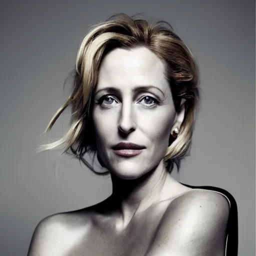 Image similar to a portrait of gillian anderson by aaron ruell and mario testino