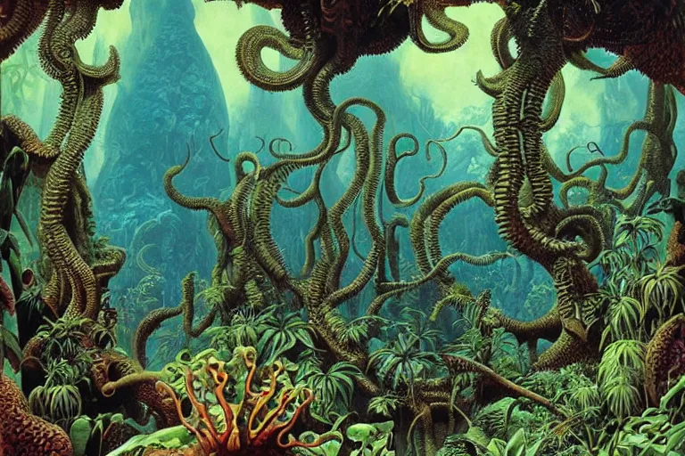 Image similar to lovecraftian jungles, another world by Roger Dean and Ernst Haeckel