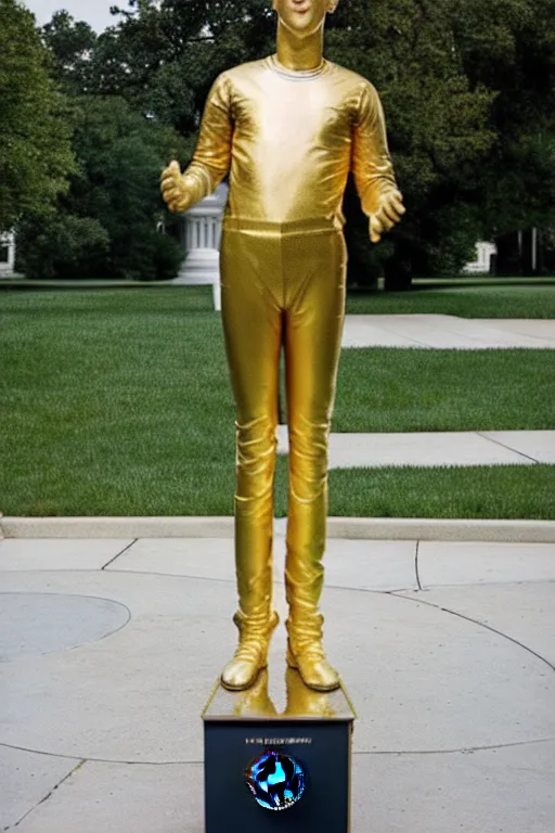 Image similar to A beautiful gold statue of Mark Zuckerberg in front of the White House, photo by Steve McCurry, heroic pose, detailed, smooth, smiling, professional photographer