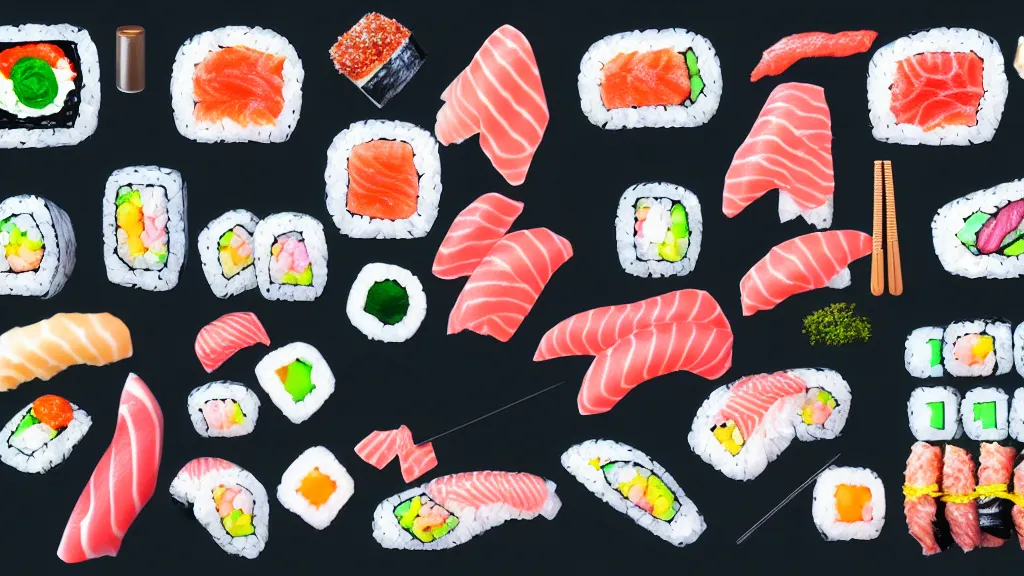 Image similar to a selection of single sushi platters, several items in an array, japan, a collage painting, in the style of wes anderson, lola dupre, david hockney, isolated on negative white space background dark monochrome neon spraypaint accents volumetric octane render