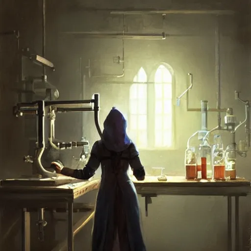 Image similar to dark-elf dressed as alchemist working in laboratory, oil painting, by Greg Rutkowski