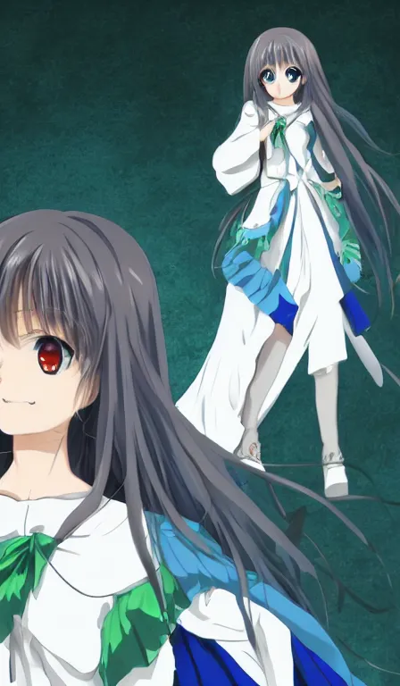 Prompt: an anime girl wearing a white dress with a blue cloak, brown hair, blueish green eyes, smiling, white background