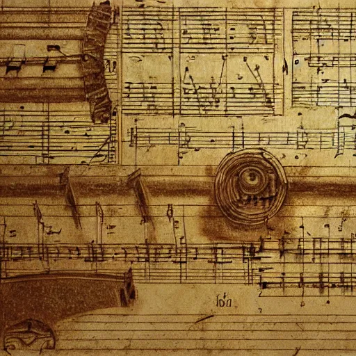 Image similar to electronic music instrument, music scores, da vinci, notebook page, high detail, intricate writing