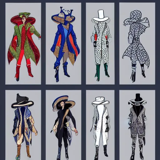 Image similar to clothing design concepts sheet, jester crown tophat,