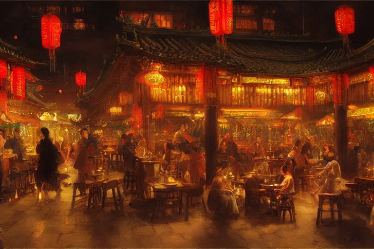 Prompt: fantasy art of a bustling tavern in china, at night, by gaston bussiere, highly detailed digital art, trending on artstation