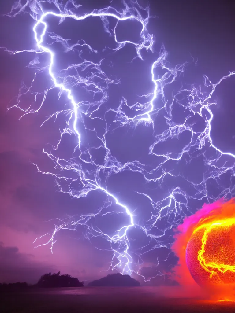 Prompt: Hyper Realistic lightning neon Fire and Lightning Tornado, Plasma Globe, purple fog, 4K , 16k, hyperrealism, high detail, ray tracing