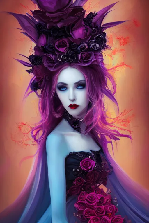 Image similar to portrait of a vampire , fantasy, gradient violet red cyan, dreamy and ethereal, orange eyes, black sclera, golden ratio, peaceful expression, ornate frilly dress, fantasy, intricate, elegant, rainbow spikes, red roses, highly detailed, digital painting, artstation, concept art, smooth,b sharp focus, illustration, art by artgerm and greg rutkowski and alphonse mucha