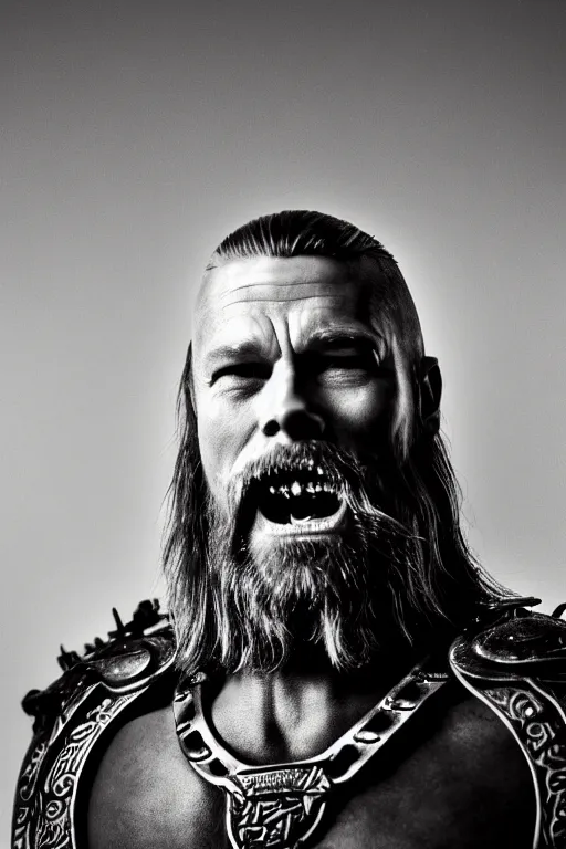 Prompt: a cinematic view of wide bw photo from a very ornated old odin mixed with brad pitt viking, shaved haircut, mexican mustache, showing celtic tattoos in the head, using leather armour with necklace of teeth, naughty expression, photorealistic, volummetric light, depth of field, detailed, texturized, zeiss lens high professional mode
