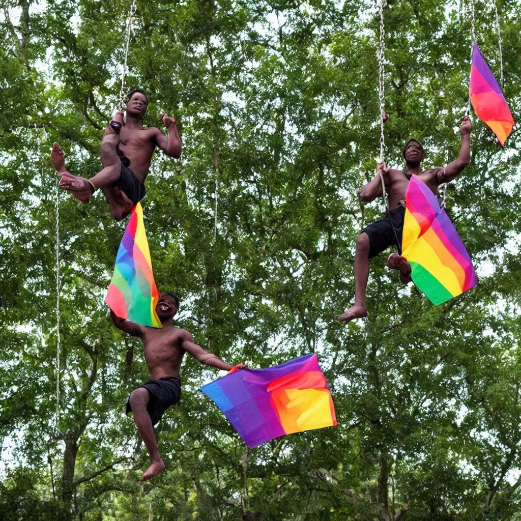 Image similar to black person swinging from the trees waving an lgbt flag