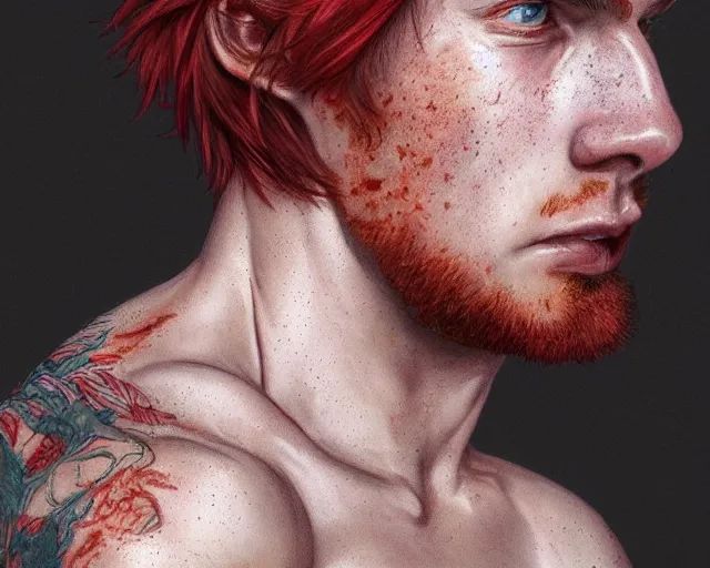 Image similar to portrait stocky of 1 9 - year - old male twins with red hair and freckles, two male, wearing shirts,, hyper realistic face, beautiful eyes, character art, art by mark brooks, hyperdetailed, cryengine, trending on artstation, digital art