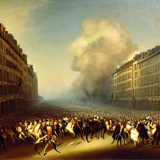 Prompt: Painting of a crowd during the french revolution one early morning in a street in Paris with gun smoke and mist over the crowds, eugène de lacroix, aesthetic, High quality, sharp focus,