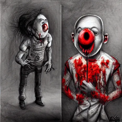 Image similar to surrealism grunge cartoon portrait sketch of a zombie with a wide smile and a red balloon by - michael karcz, loony toons style, mad max style, horror theme, detailed, elegant, intricate