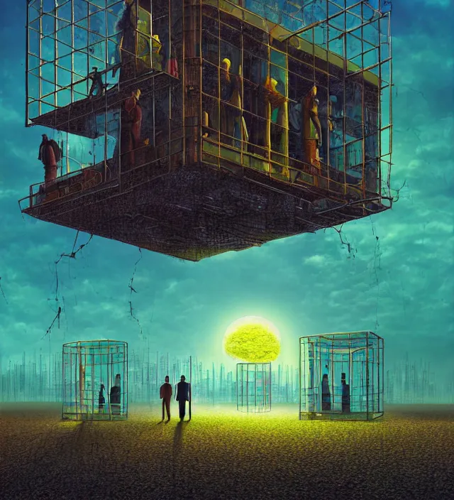 Prompt: depressed humans inside a glass cage, in a world run by robots and artificial intelligences, dystopian, digital art, 4 k, inspired by tim white, inspired by jeffrey smith