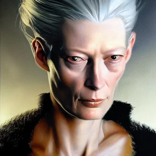 Image similar to ultra realistic portrait painting of tilda swinton as geralt of rivia, art by frank frazetta, 4 k, ultra realistic, highly detailed, epic lighting