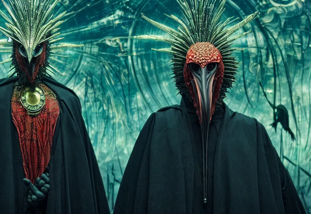 Image similar to realistic detailed portrait movie still of a birdman wearing dark robes, sci fi city landscape background by denis villeneuve, amano, yves tanguy, alphonse mucha, ernst haeckel, max ernst, ridley scott, roger dean, masterpiece, rich moody colours, cinematic, snarling dog teeth