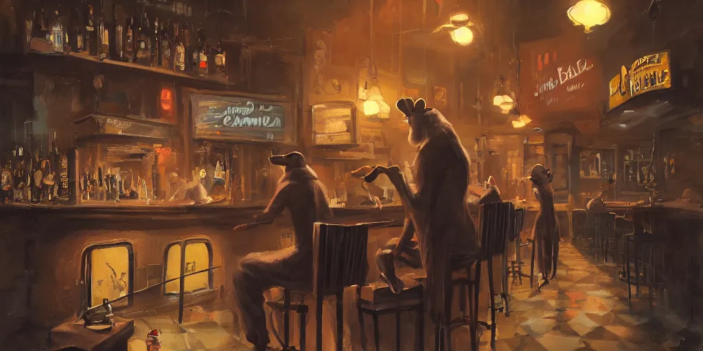 Image similar to a biped lady rat is working at the bar of a 4 0 s jazz club, warm color palette, night time, dramatic lighting, noir film, character sheet, fine details, high contrast, blacksad, kim jung gi, greg rutkowski, trending on artstation, 8 k, front view, back view, ultra wide angle