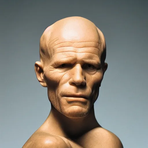 Image similar to A sculpted wax portrait, representing Ed Harris, studio lighting, F 1.4 Kodak Portra