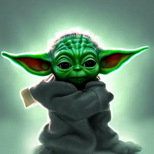 Image similar to small cute baby yoda, hyper detailed painting, dramatic lighting, cinematic,